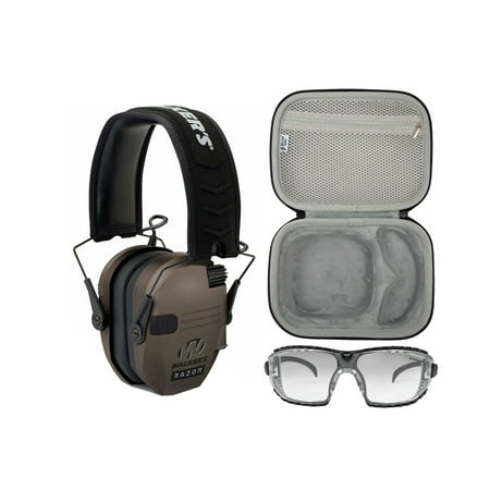 Walker s Razor Slim Electronic Hearing Protection Muff (Dark Earth) with Safety Glasses Case Bundle