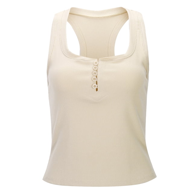 Camiseta sin mangas con cuello en U bajo y detalle de botones para mujer - Entallada, sin mangas, poliéster, para outfits de día/noche (tallas S-XL)