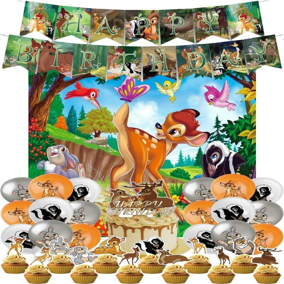 Bambi Birthday Decoration - Bambi Themed Party Supplies Set includes Cupcake Toppers, Cake Topper, Happy Birthday Banner, Balloons, Background