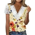 thumbnail image 2 of up to 60% off Gifts Usmixi Womens Tops Sexy Lace Hollowed Patchwork Going out Loose Fit Tee Shirts Summer Cute Flowers Print V-Neck Short Sleeve Blouses Yellow s, 2 of 5