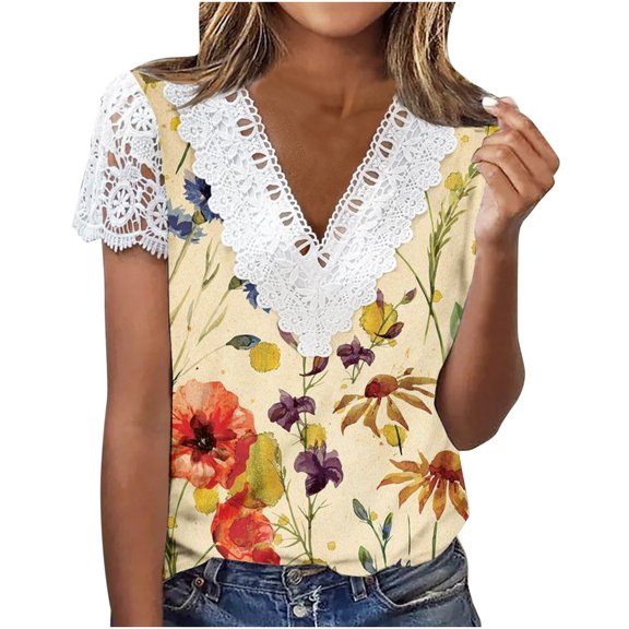 Virmaxy Womens Trendy Lace Dressy Tops Sexy Hollow Out V Neck Pullover Tunic Tops Lace Embroidery Short Sleeve T-shirt Spring Summer Loose Comfy Floral Graphic Shirt Yellow-A S