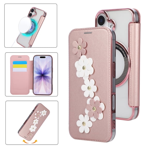 ELEHOLD For iPhone 17 Flip Wallet Case with Magnetic Card Slot, Wireless Charging Compatible, Shockproof Flower PU Leather Card Slots Full Body Protection Cover,Rosegold
