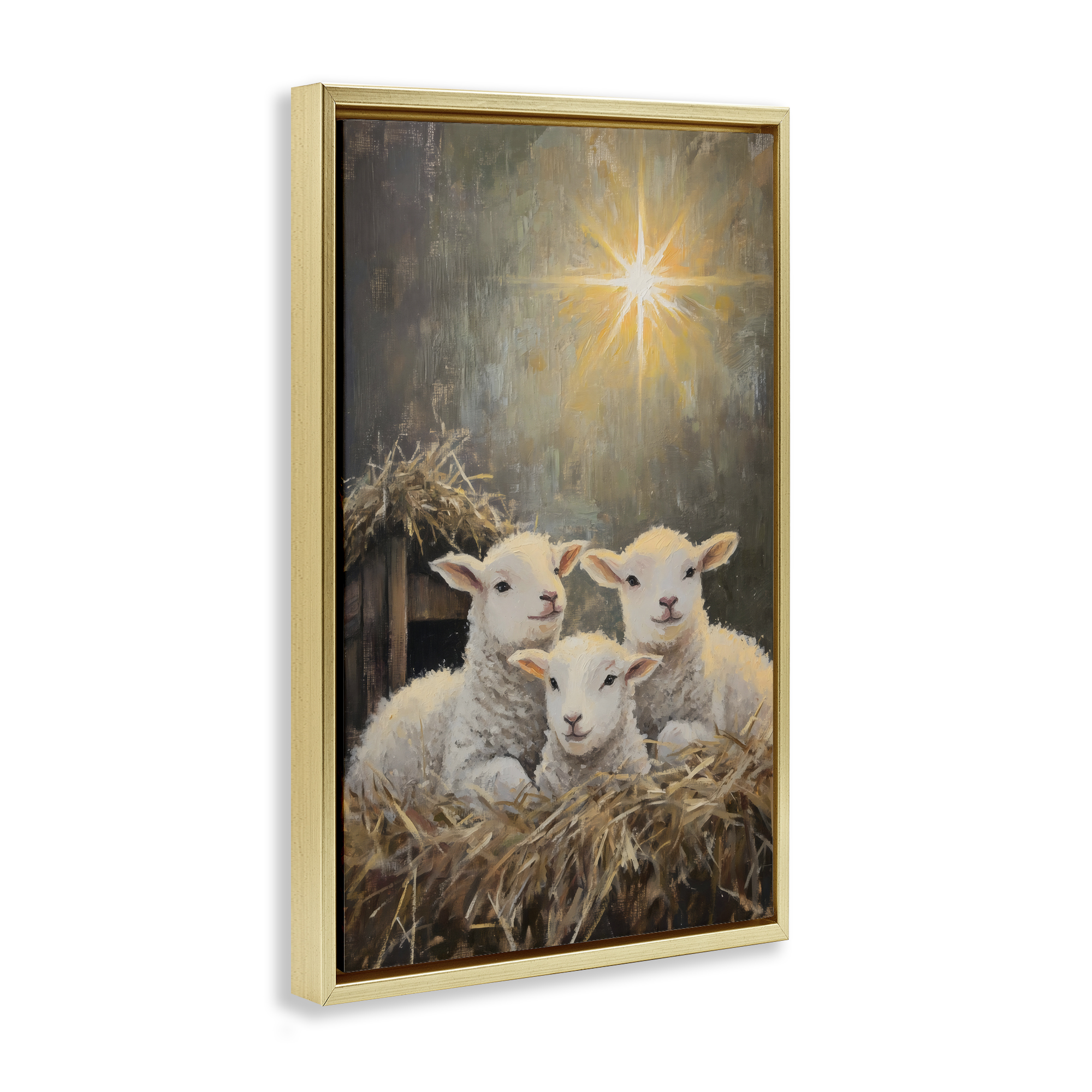Festive Lambs in Stable Gold Framed Floater Canvas Wall Art, design by Petal Prints Design