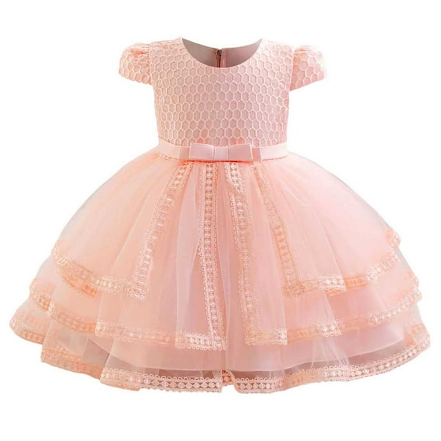 Girls Party Dress, Princess Style with Back Zipper and Splicing Design, Soft Round Neck Short Sleeves for Comfort, Ideal for Various Occasions Including Parties and Daily Wear