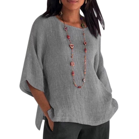 Sonducket Ropa de mujer Camisa de cuello de manga 3/4 Top casual de lino de algodón de manga 3/4 Prendas para la parte del cuerpo Gris 3XL