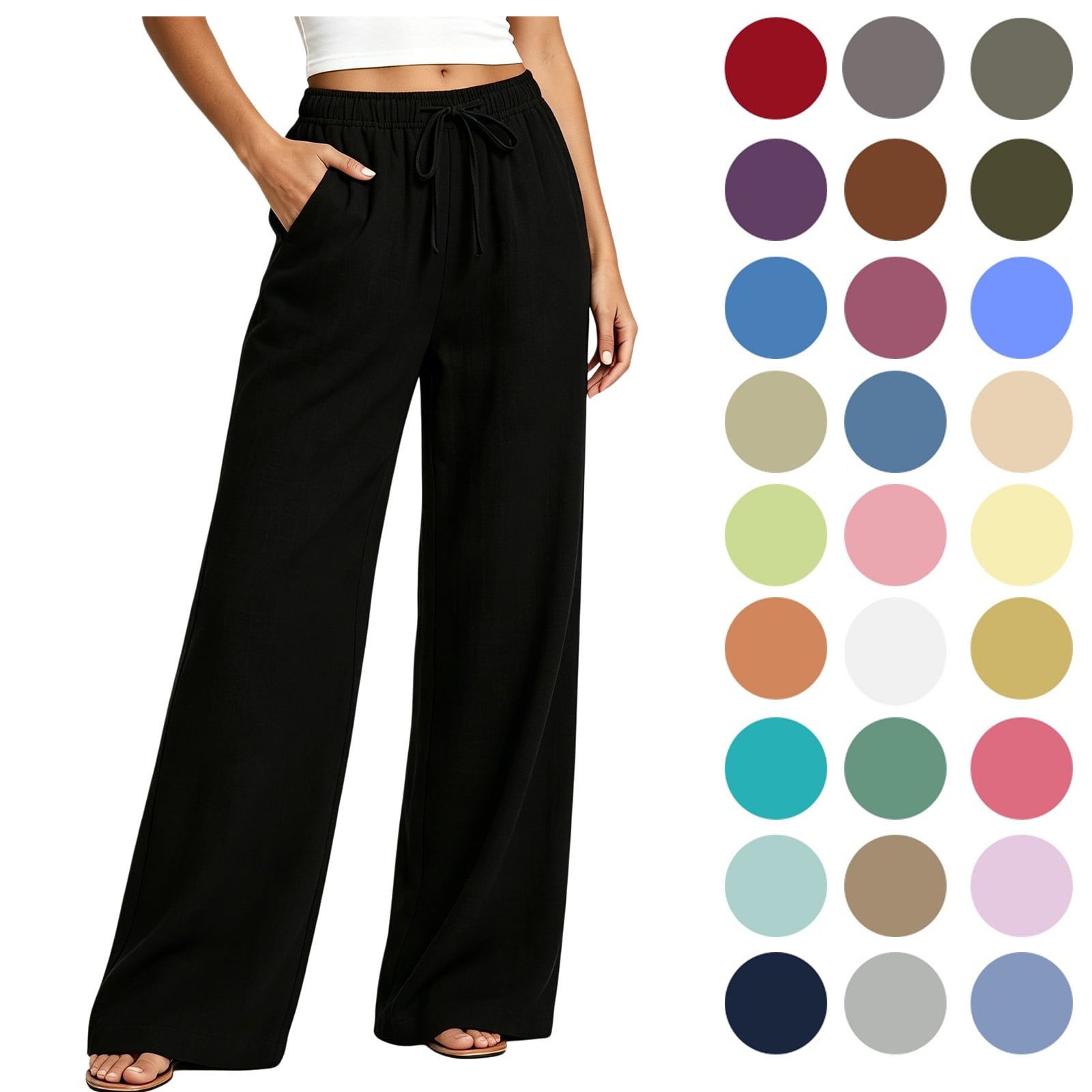 POROPL Womens Pants, Casual Loose Cotton-Linen Wide Leg Drawstring Elastic Waist, Black, Size L
