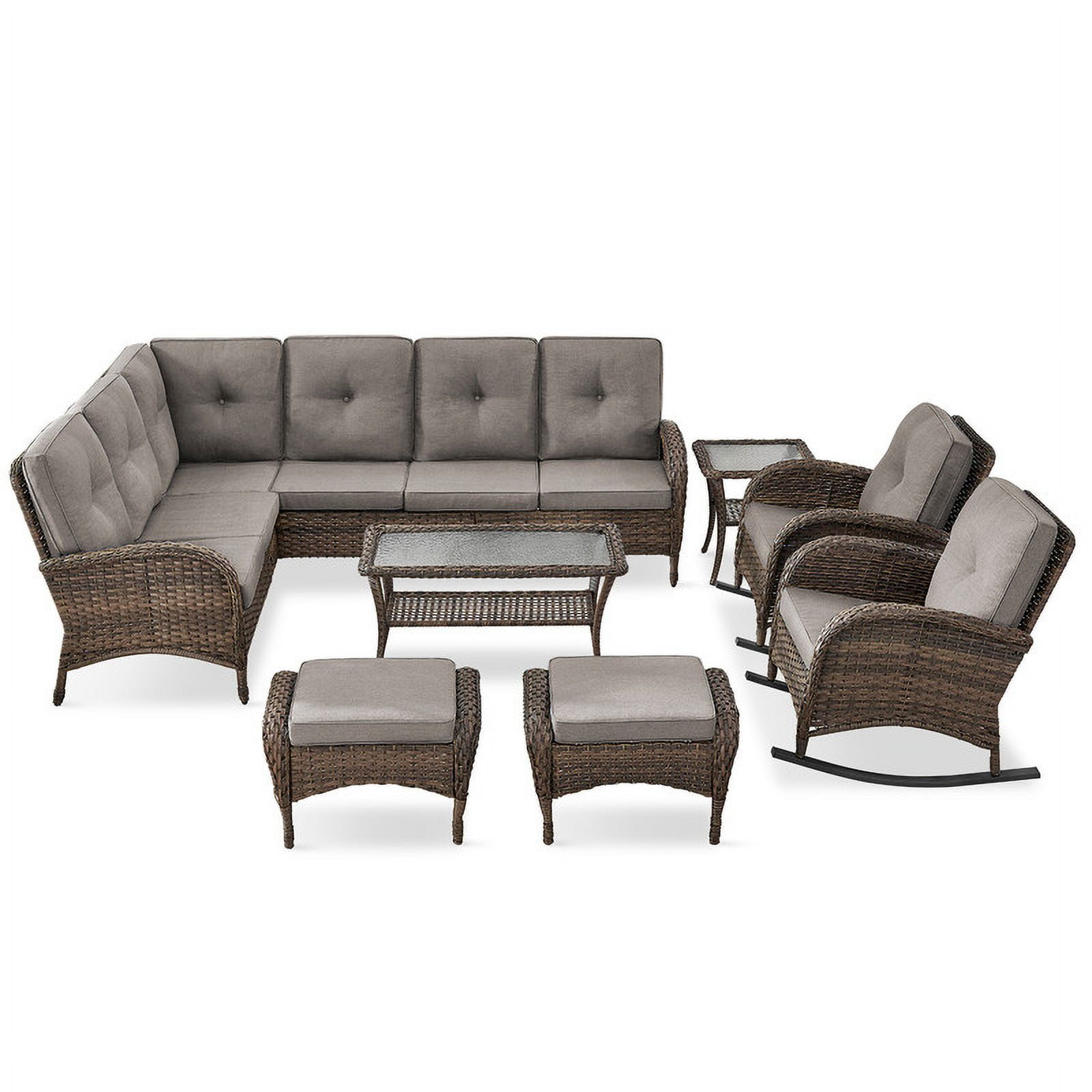 PARKWELL 8-Piece Outdoor Sectional Furniture Set,Patio Wicker L Shaped Couch High Back Conversation Set with Coffee Table Rocking Chair for Garden Yard,Brown Wicker Gray Cushion