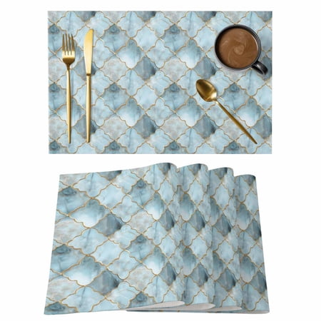 Teal Morocco Placemats Set of 2 Cotton Linen Fabric Place Mats Modern Abstract Art Contemporary Geometric Washable Decorative Table Mats Protector for Home Kitchen Dining Wedding Party Coffee Tables
