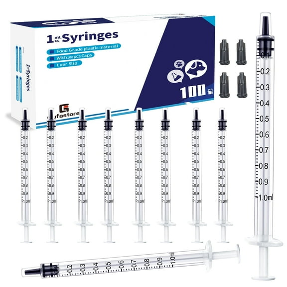 100 Pack 1ml Plastic Syringe for Scientific Labs, Measuring Liquids, Feeding Pets, Oil or Glue Applicator, Non-Steril