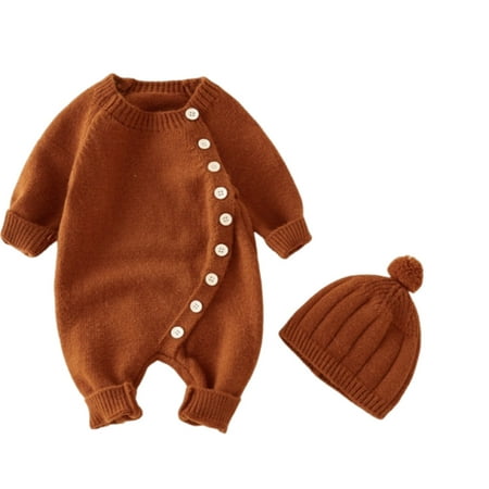 

Kovlvoll Baby Clothes Knitted Jumpsuit Crew Neck Long Sleeve Solid Color Warm Button Closure Sweater Romper with Hat