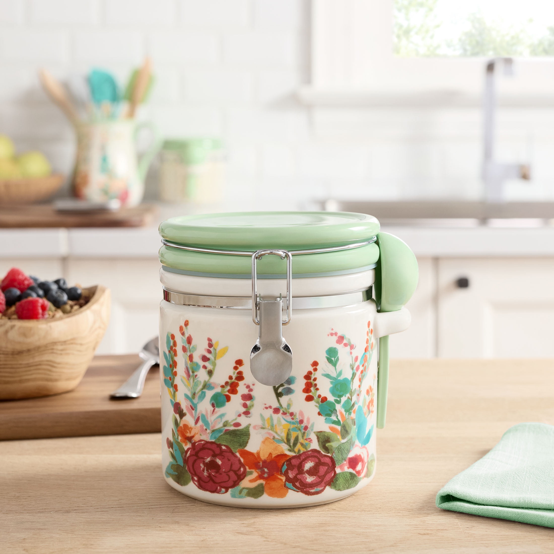 The Pioneer Woman Painted Meadow Large Canister with Ceramic Spoon, Best Used for Pantry Organization and Food Storage
