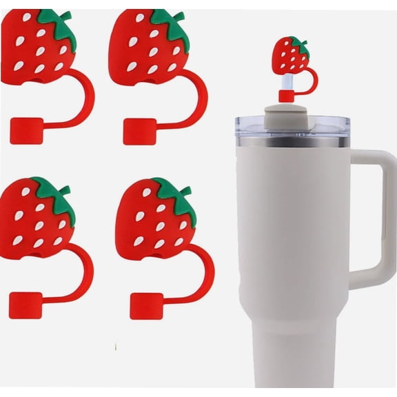 4Pcs Straw Cover, 10mm Strawberry Straw Covers Cap for Cup 40 oz 30 oz Tumbler with Handle Soft Cute Strawberry Straw Topper Straw Tips Cover Reusable Drinking Straw Tips Lids for Cup Accessories