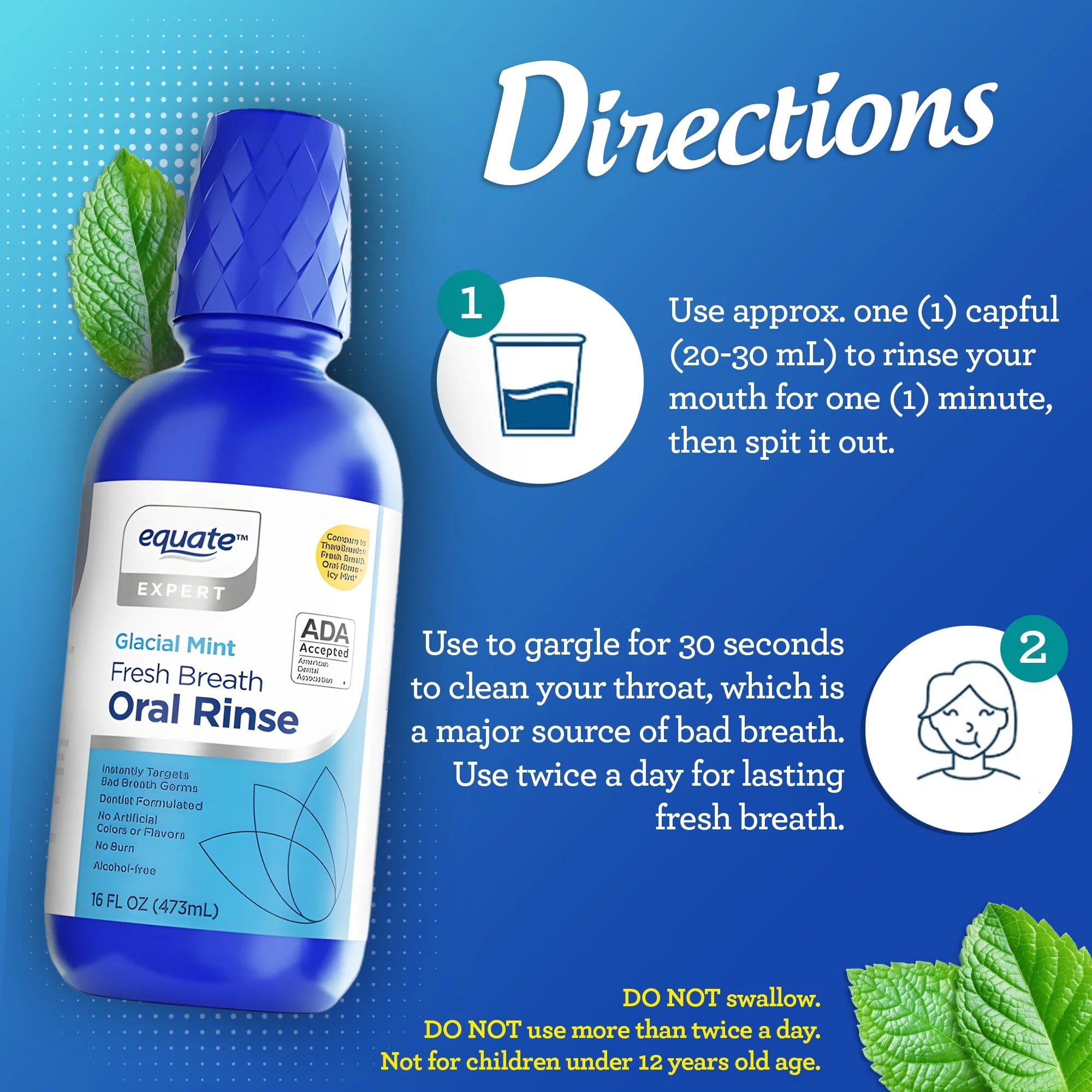 Equate Alcohol-Free Fresh Breath Oral Rinse, Glacial Mint, 16 fl oz