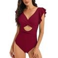 thumbnail image 2 of Cadmus Womens V Neck Ruffled One Piece Swimsuit Tummy Control Cutout Bathing Suits,2390, Red，Medium, 2 of 4