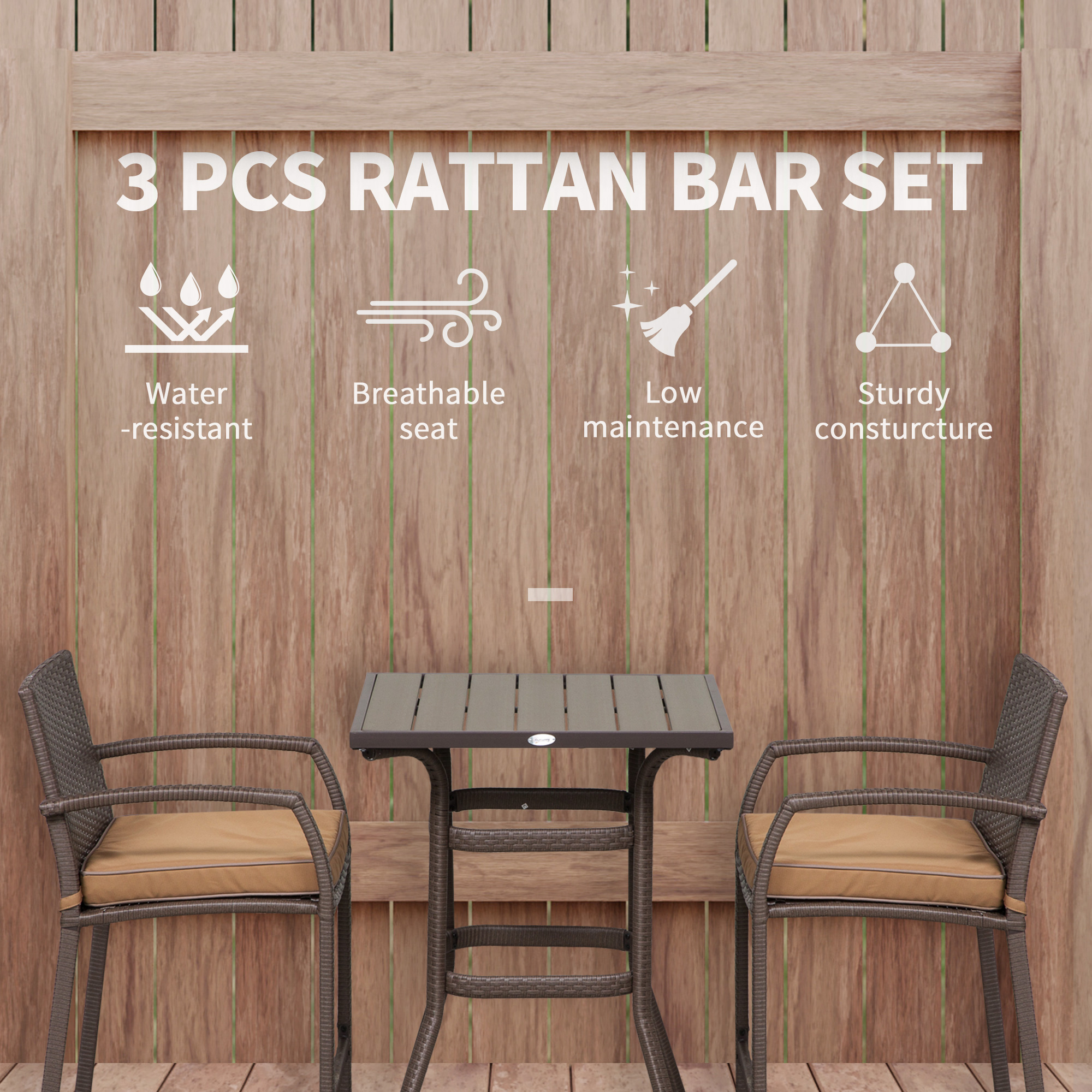 Outsunny 3 PCS Rattan Wicker Bar Set with Wood Grain Top Table and 2 Bar Stools for Outdoor, Patio, Poolside, Garden, Brown - image 3 of 9