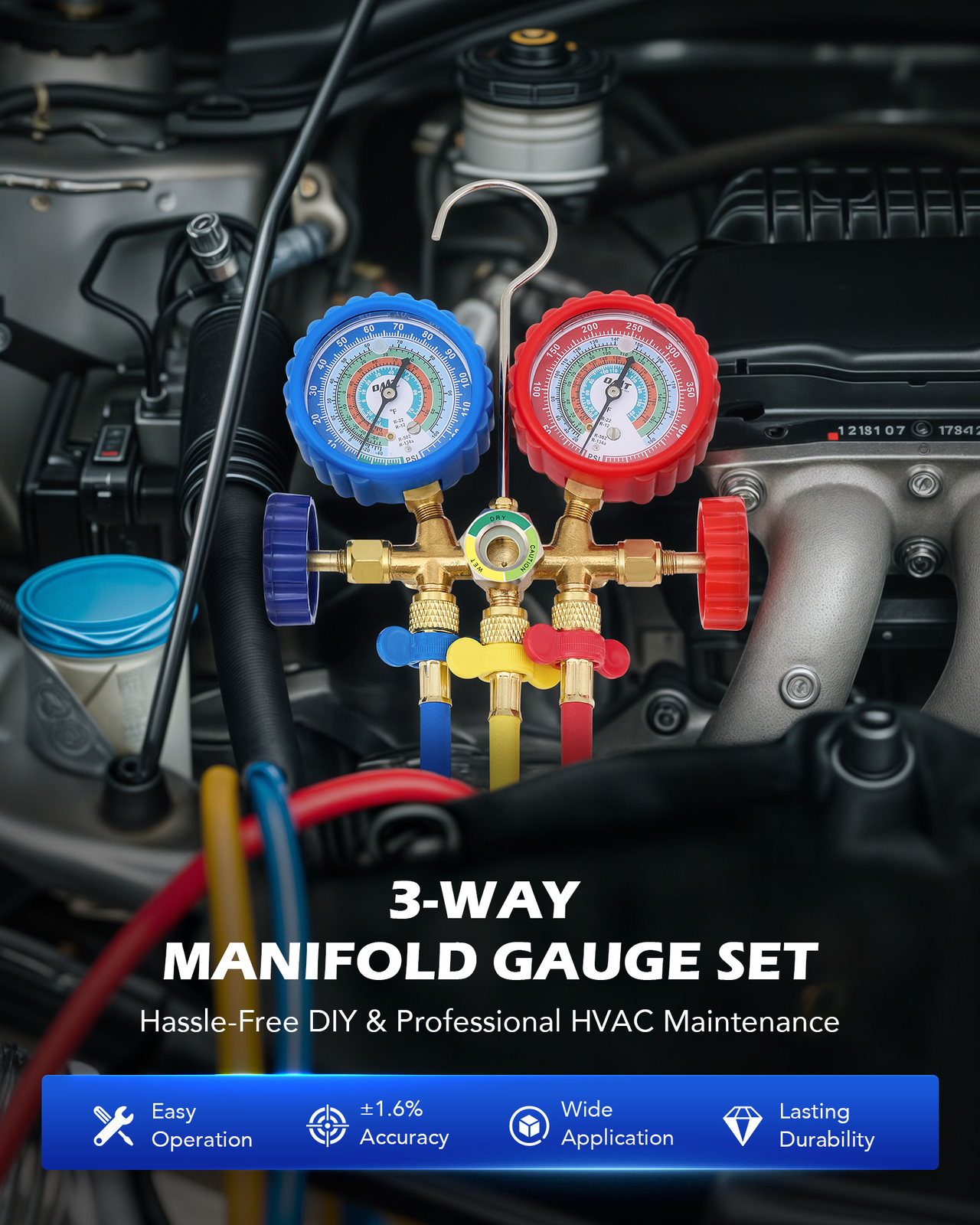 NefLaca  AC Gauge Set - 3 Way AC Manifold Gauge Set for R134A R22 R12 R502 Refrigerant, Freon Gauges with 5ft Hoses, Couplers, Can Tap Works on Car Auto Freon Charging and Evacuation
