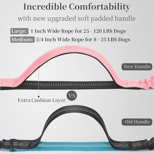 Hands Free Dog Leash with Zipper Pouch, Dual Padded Handles and Durable Bungee for Walking, Jogging and Running Your Dog (Baby Pink, 8-25 lbs, Medium)