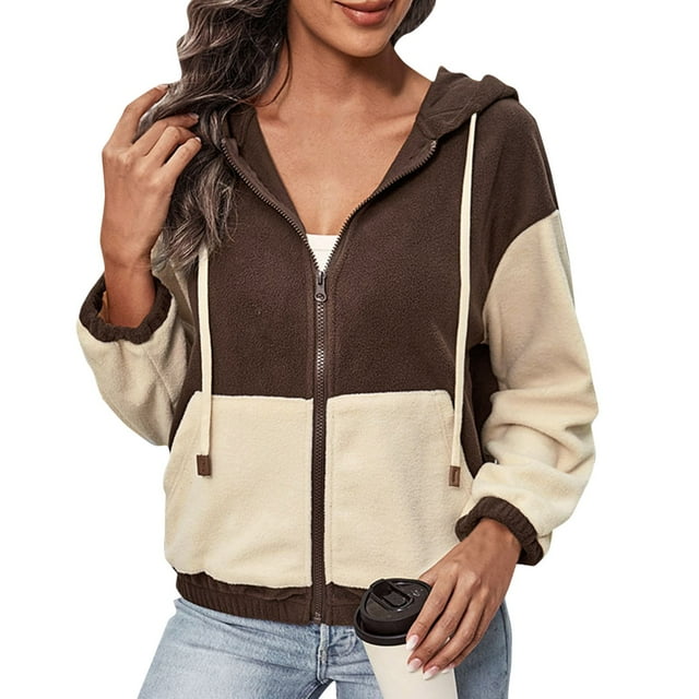 Bmisegm Cardigan à Capuche à Fermeture à Glissière Automne/hiver pour Femmes Manteau Décontracté Chandails en Molleton pour Femmes Marron TG