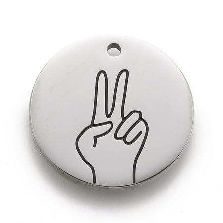 1pc Non-Tarnish 316 Surgical Stainless Steel Pendants ASL Pendants Flat Round with Gesture Language Stainless Steel color Victory 25x2mm Hole: 2mm