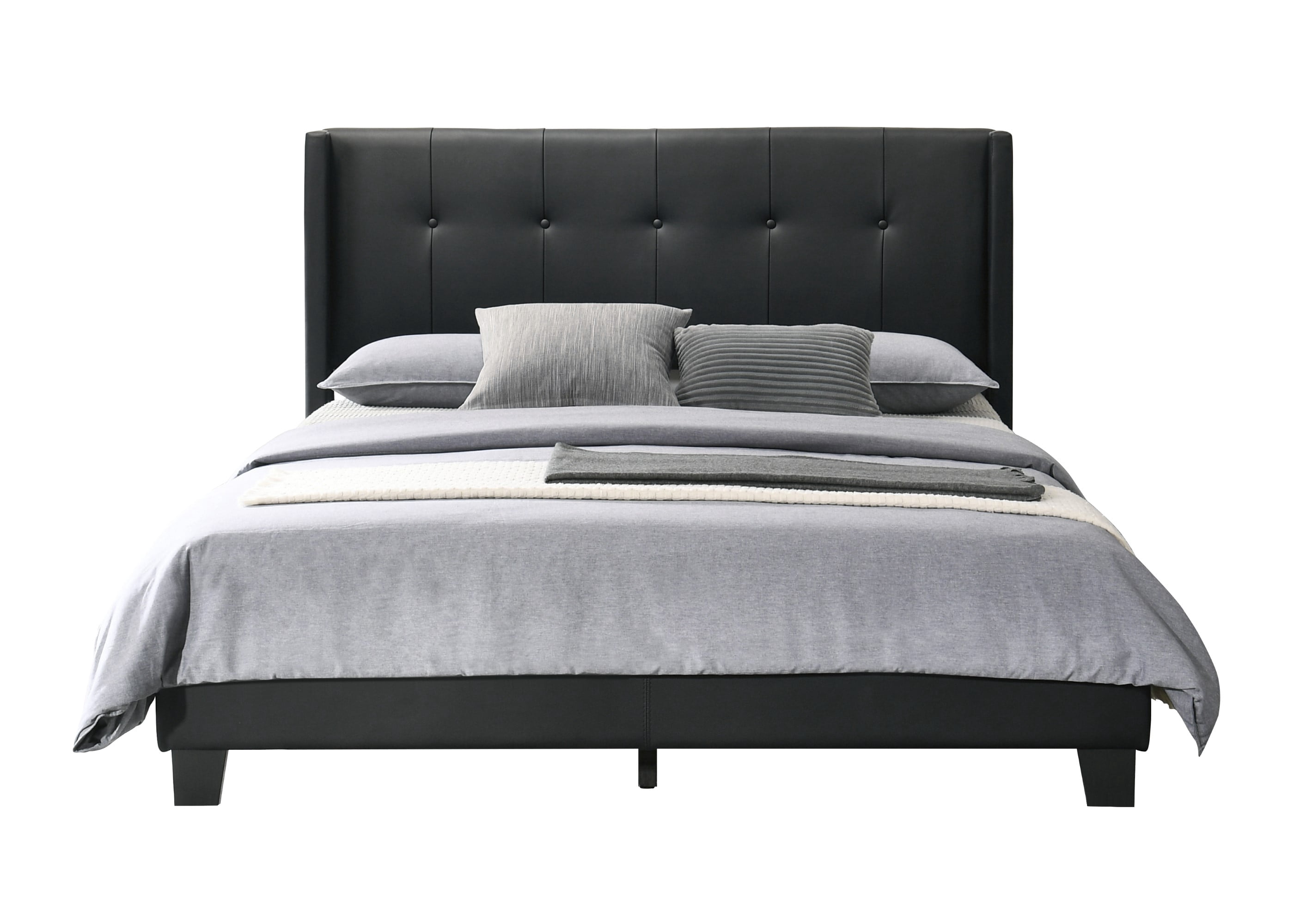 Home Design Evelyn Full Upholstered Platform Bed Frame with Tufted Headboard and Wingback Design, Black, Easy Assembly