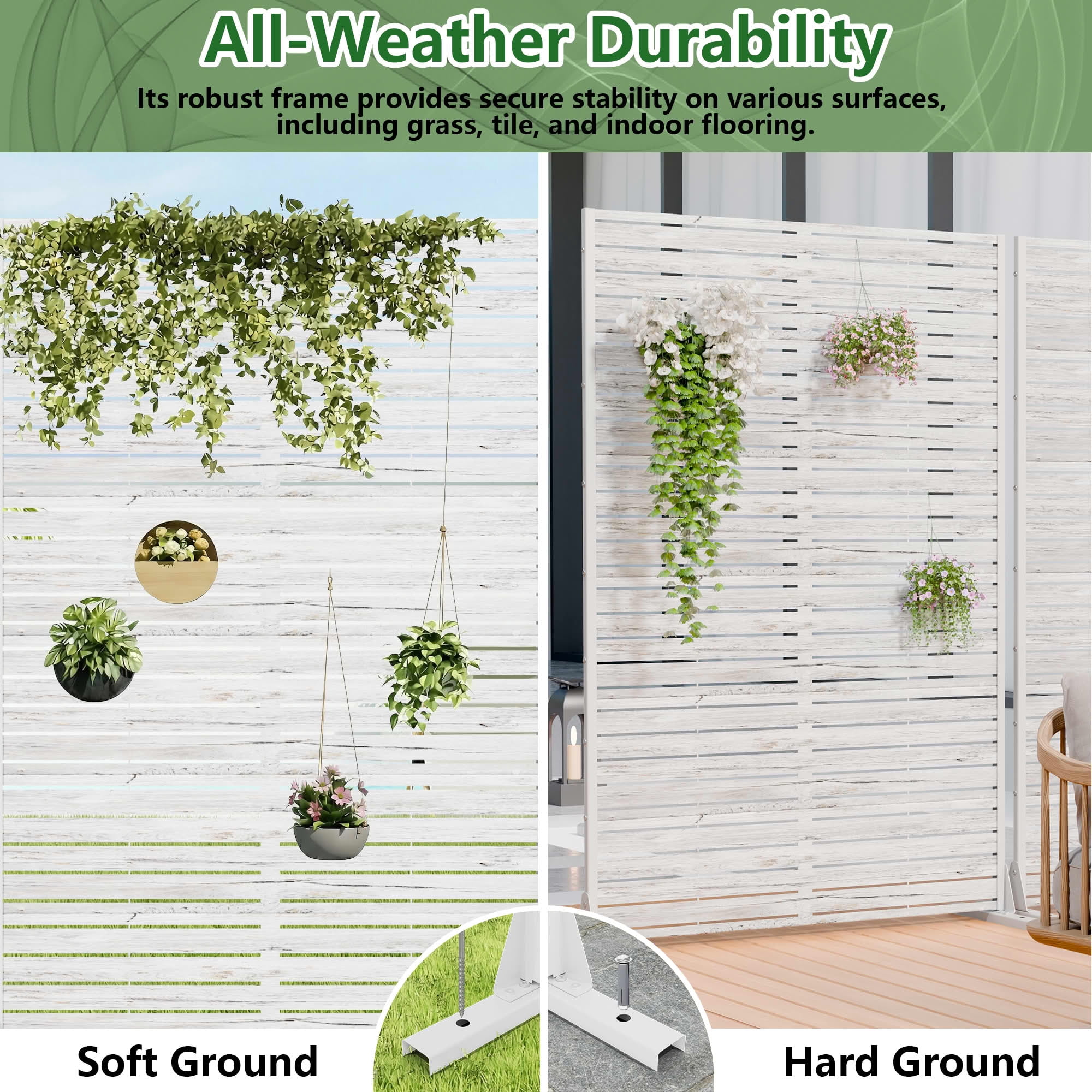 MAYEERTY 2-Piece Outdoor Metal Privacy Screen 6ft × 4ft Weathered White, 6-Panel Wood Grain Louvered, Weatherproof for Patio