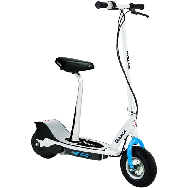 Razor E300S Seated Electric Scooter, Age 13+, 15 Mph, 40-Min Run, 220lb Max, White/Blue