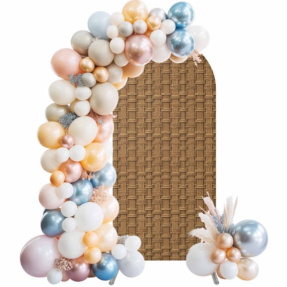 Vintage Rattan Arch Backdrop Cover, Spandex Fitted Wedding Arch Cover, Minimalist Abstract Wicker Texture Brown Round Top Stand Covers for Birthday Ceremony Bridal Shower Party Decor 7.2x4 Ft