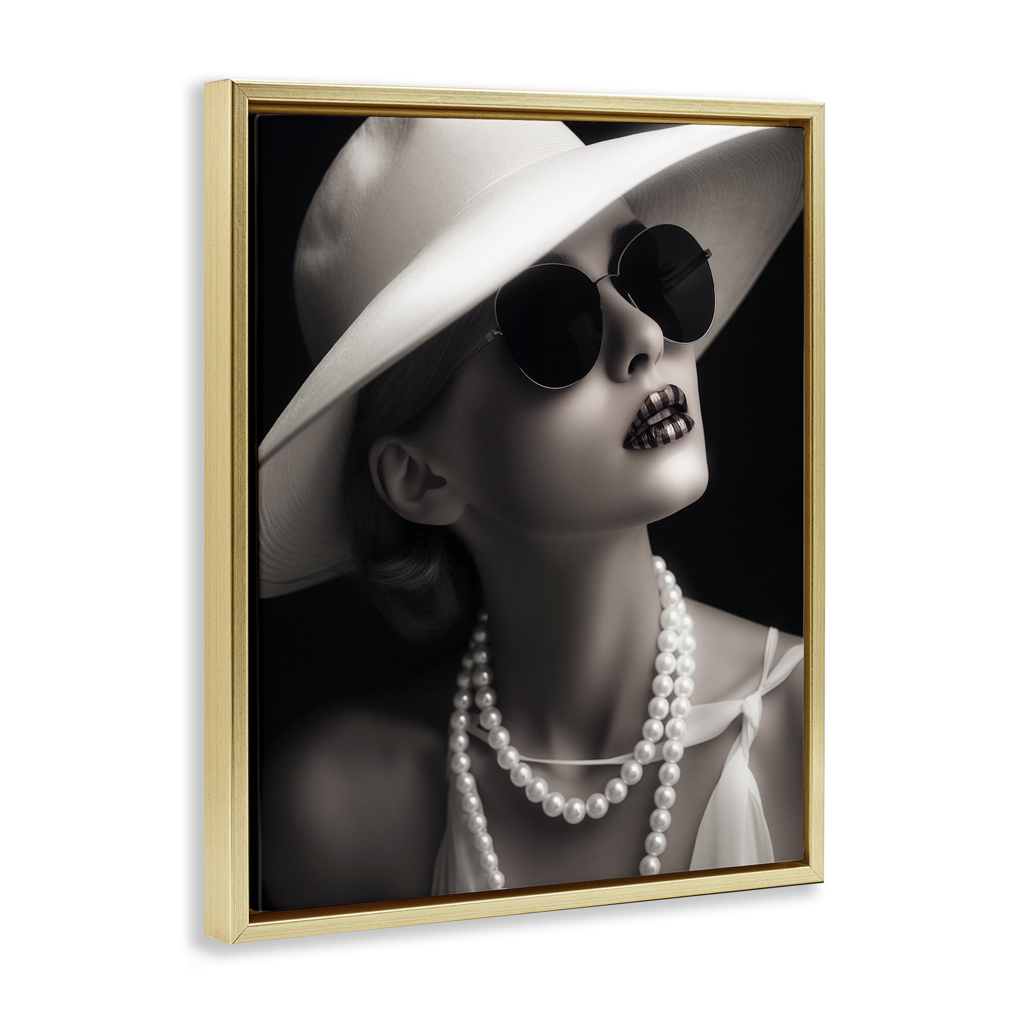 Stupell Industries Trendy Girl with Striped Lips Novelty Painting Gold Floater Framed Art Print Wall Art, 25 x 31