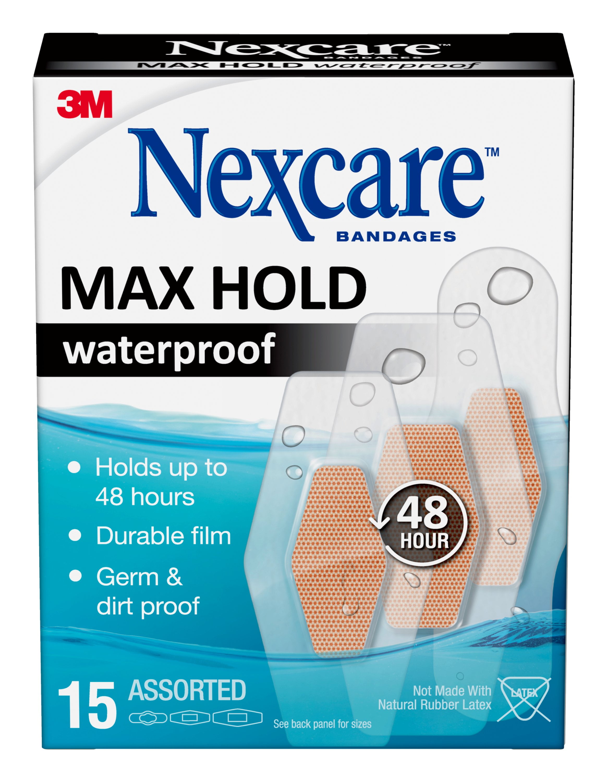Nexcare Max Hold Waterproof Bandages, Made by 3M, Assorted Sizes, 15 count