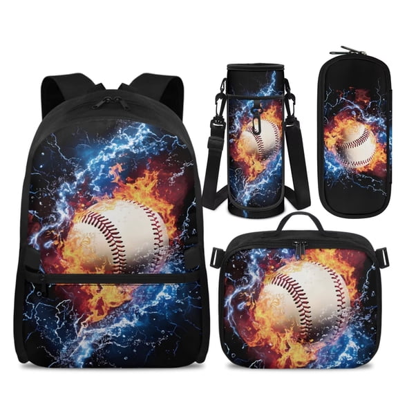 KUIFORTI Lighting Baseball Backpack with Lunchbox, 4 Piece Kids Bookbag Set for Boys Elementary Primary Middle School, Cool School Bag with Pencil Case Water Bottle Sleeve Back to School Gifts