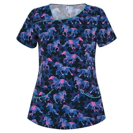 

UDAXB Womens Nursing Scrub Tops Valentine s Day Love Heart Printed Working Uniform Short Sleeve V-Neck Workwear Blouse T-shirt with Pockets