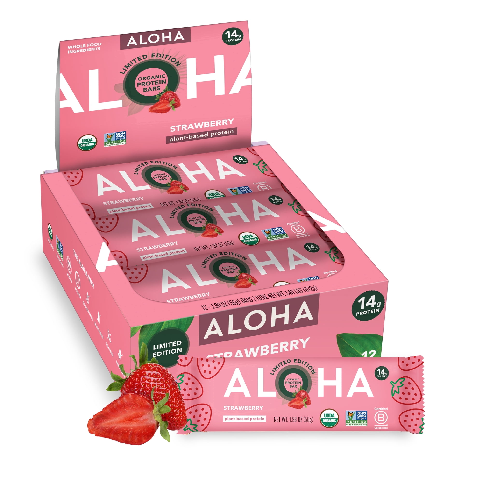 ALOHA, Organic Plant Based Protein Bars, Strawberry, Limited Edition, 14g Protein (Pack of 12)