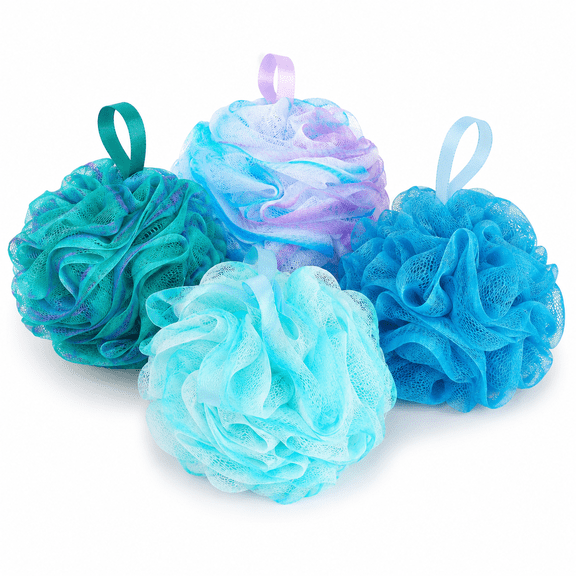 Kawihcie Loofah Bath Sponge XL 75g Set of 4 Ocean Colors - Soft Exfoliating Shower Lufa for Silky Skin - Long-Handle Mesh Body Poufs- Women and Men’s Loofahs - Loofah Sponges- Full Cleanse & Lather
