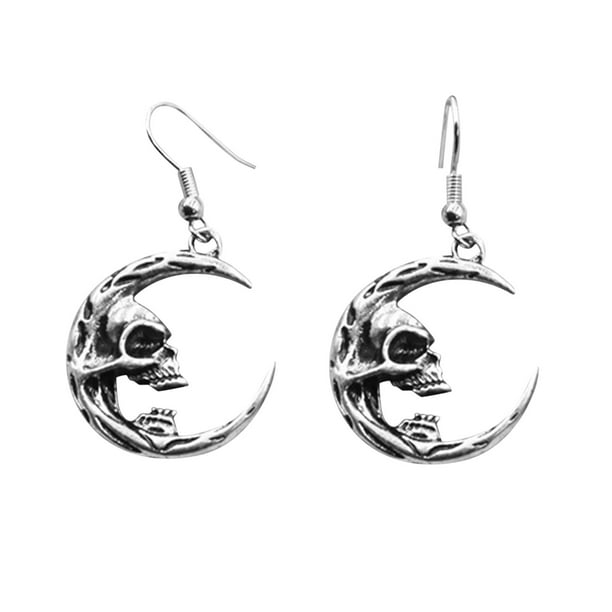 Pendientes góticos con luna esqueleto, pendientes de Halloween con esqueleto, joyas para fiestas de Halloween, pendientes para mujer