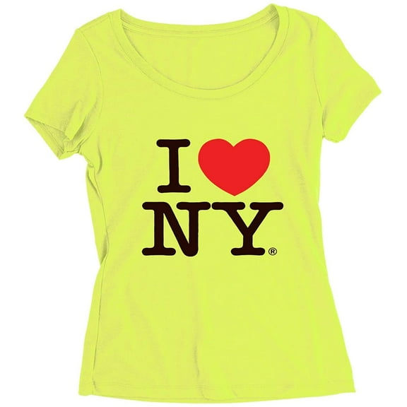 I Love NY Neon Teens/Ladies Scoop Neck T-Shirt Tee Officially Licensed Slim Fit Safety Green, XL