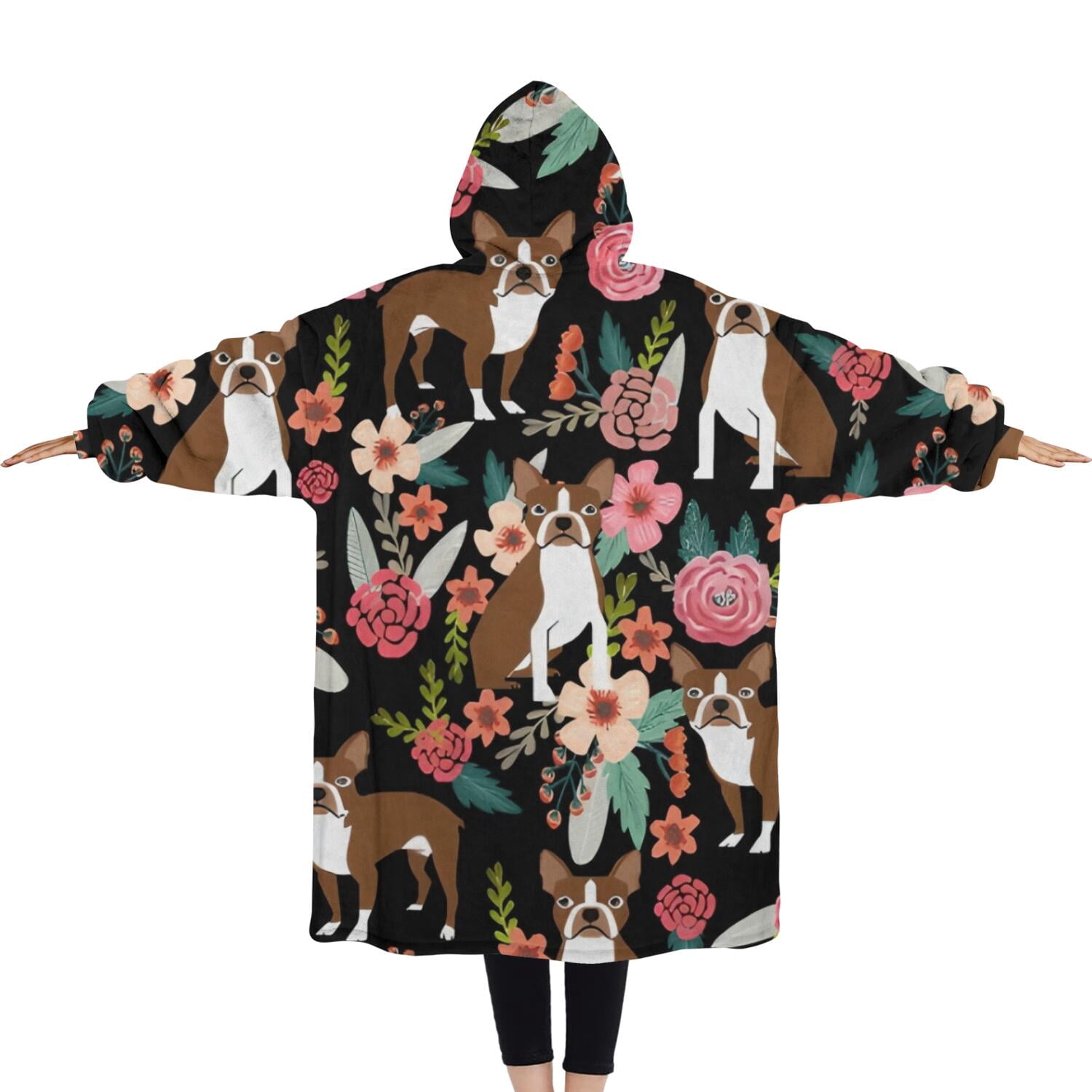Oversized Wearable Blanket Hoodie,Boston Terrier Dog with Pioneer Flower Sherpa Blanket Hoodie with Super Pockets,Super Warm Fuzzy Pullover for Women & Men