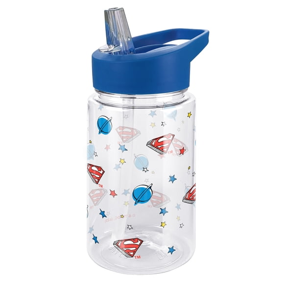 Superman Kids Tritan Plastic Water Bottle with Straw Lid and Handle, Reusable Tumbler for Toddlers, Unisex for Girls and Boys, 12oz, Logo Space Pattern