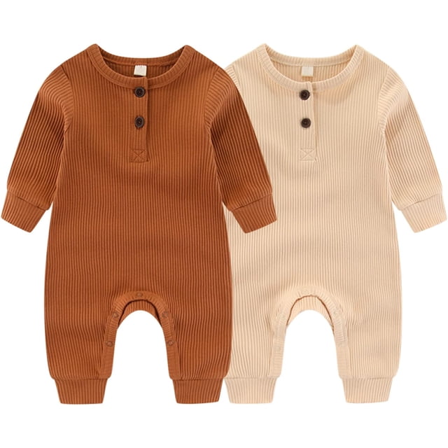 ZAV Solid Unisex Baby Boy Girl Rompers 2 Pack Long Sleeve Jumpsuits Infants Clothes Outfits