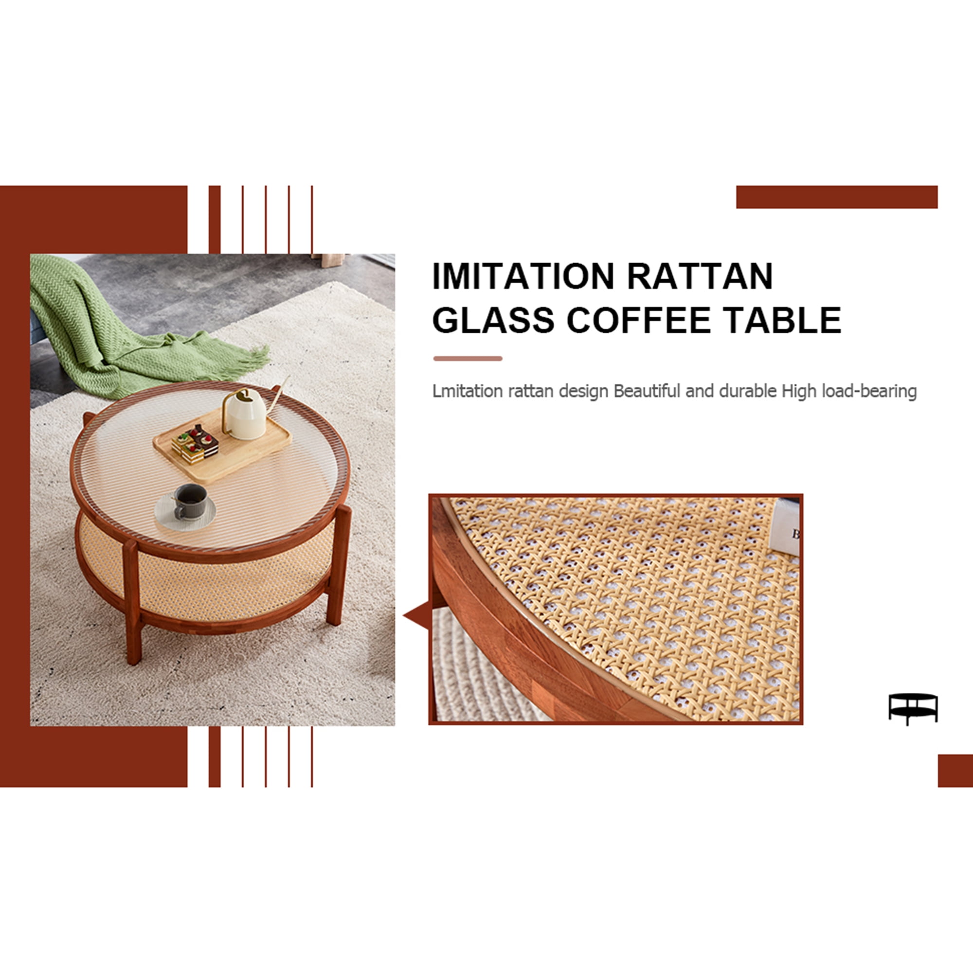 Kepooman 2-Tier Coffee Table, Round Tea Table with Solid Wood Frame and Pe Rattan, Modern Glass Sofa Center Table for Living Room, Walnut