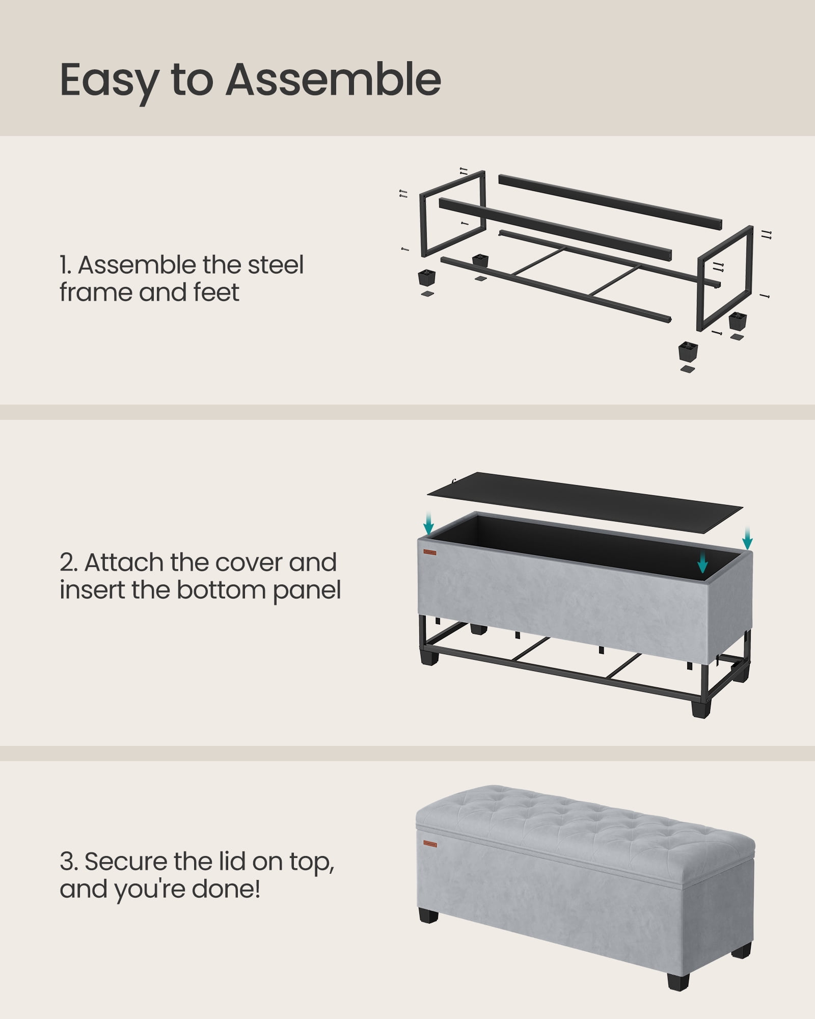 SONGMICS 43" Storage Ottoman Bench Foot Rest with Legs End of Bed Bench Storage Chest Load up to 660 lb for Living Room Bedroom Dove Gray