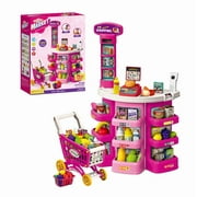 Supermarket Playset for Kids with Shopping Cart,76 Pices Pink, Pretend Play Grocery Store for Toddler +3 Year, Mundo Toys