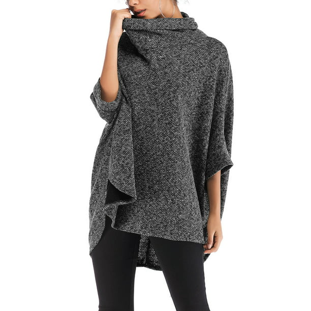 SAYFUT Turtleneck Poncho Sweater for Women Shawls Capes Irregular Hem ...