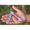 thumbnail image 3 of Custom Made Damascus Engraved Steel Folding Pocket Knife With Genuine Cow Leather Sheath and Red Dollar Sheet Handle, 3 of 8
