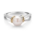 thumbnail image 3 of Gem Stone King Cultured Freshwater Pearl and White Lab Grown Diamond Ring for Women | 925 Sterling Silver and 10K Yellow Gold | Round 7-7.5MM Pearl| Size 7, 3 of 5