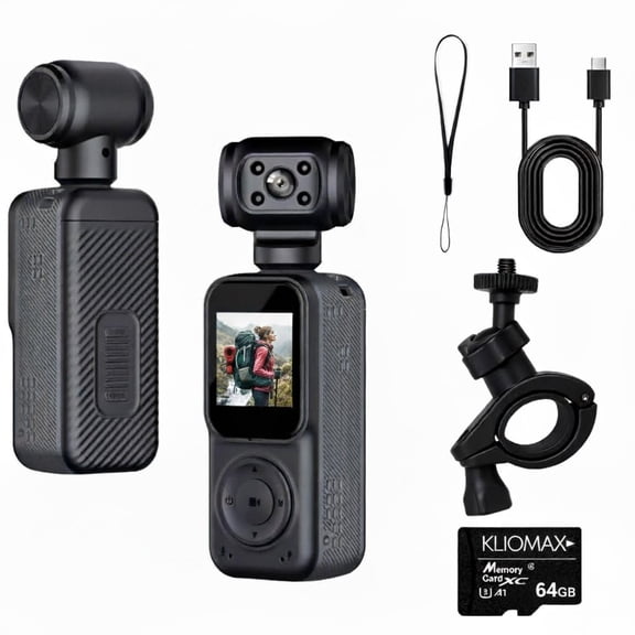 KLIOMAX 2K Pocket Camera with 3-Axis Gimbal Stabilizer, Digital Video Camera for Photography, Action & Vlogging Camera with LCD Screen, Face Tracking, Motion Stabilization, Body Cam POV Camera
