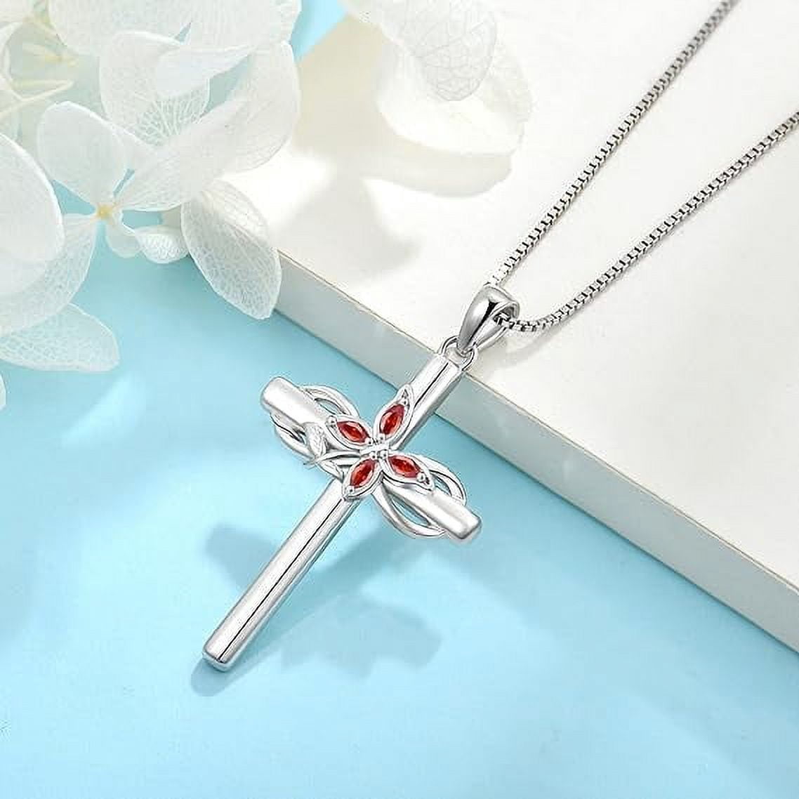 Inpasne Cross Necklace for Women 925 Sterling Silver Infinity Butterfly Garnet Necklace January Birthstone Jewelry Gifts for Women Her Mom Wife Girlfriend Daughter