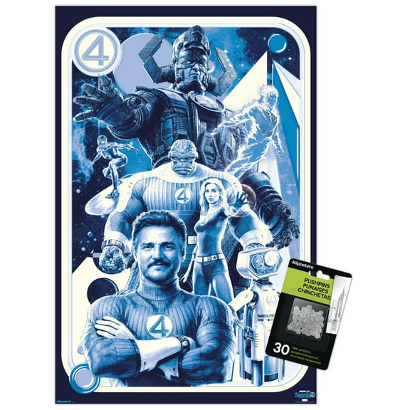 Marvel Fantastic Four: First Steps (2025) - Blue Group Wall Poster with Push Pins, 14.725" x 22.375"