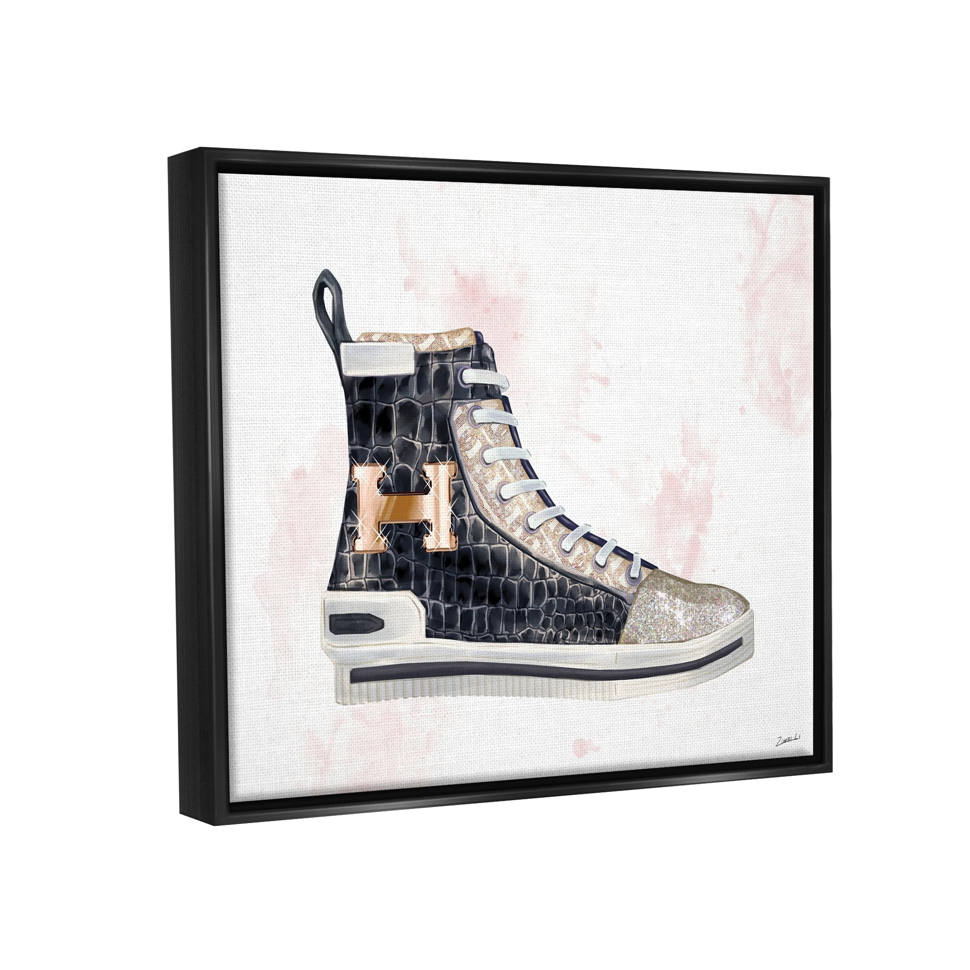 Stupell Industries Glam Snake Embossed Sneaker Illustration Fashion Forward Jet Black Framed Floating Canvas Wall Art, 16x20, by Ziwei Li