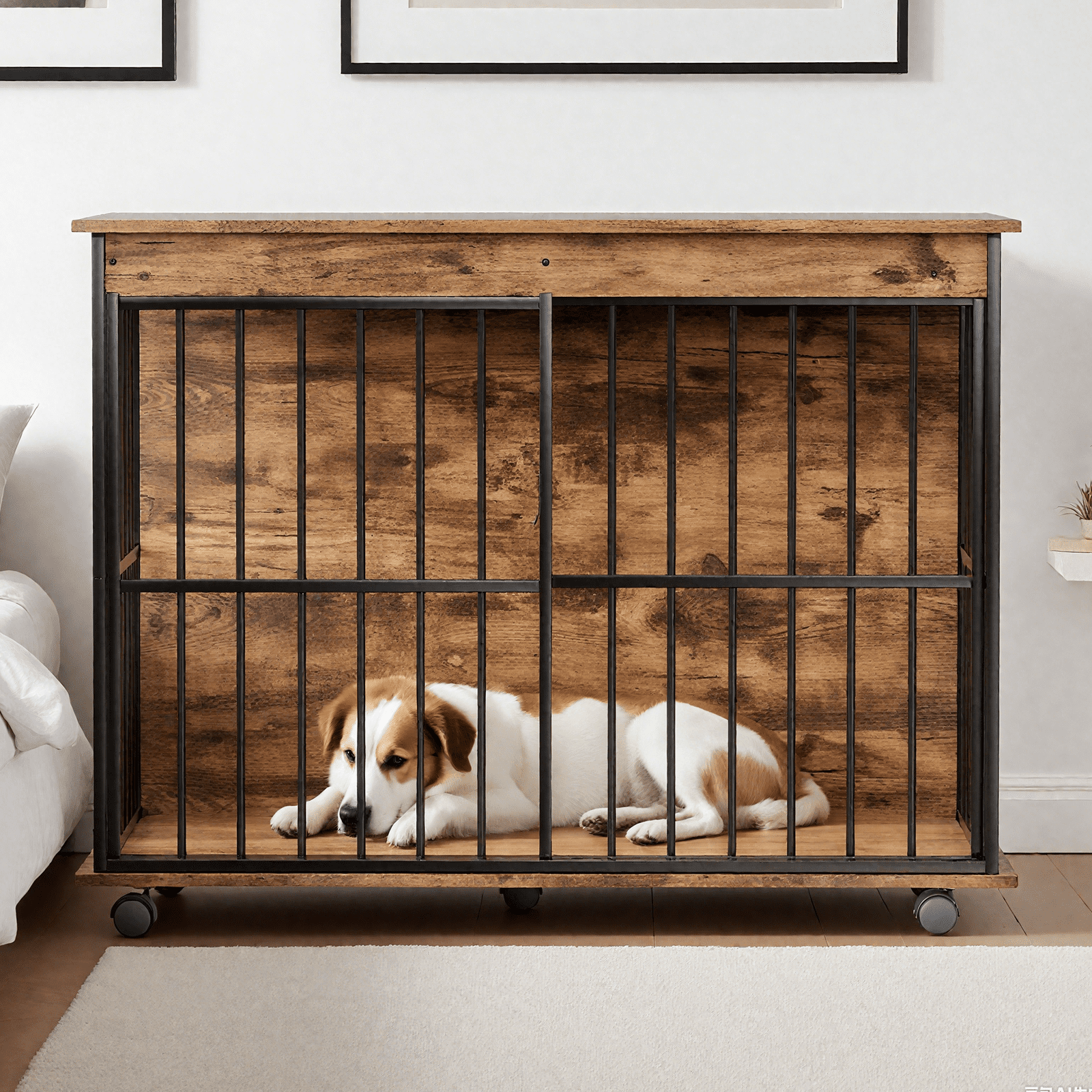 Large Wooden Dog Crate Furniture with Tray, Spacious Kennel for Medium to Large Dogs
