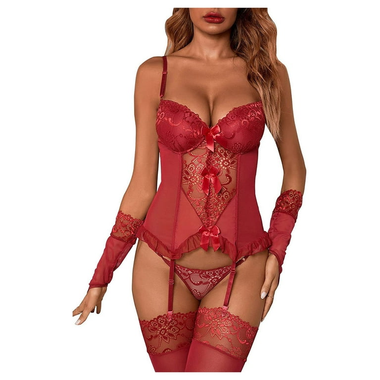 WGOUP Women's Sexy Lingerie Solid Color Garter Stockings Sexy Suit,Red(Buy  2 Get 1 Free)